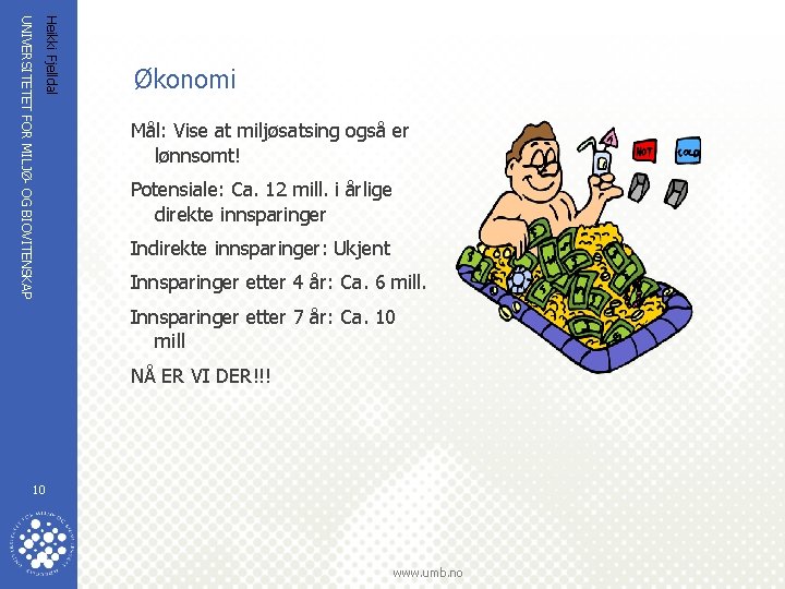 Heikki Fjelldal UNIVERSITETET FOR MILJØ- OG BIOVITENSKAP Økonomi Mål: Vise at miljøsatsing også er