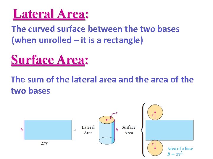 Lateral Area: The curved surface between the two bases (when unrolled – it is