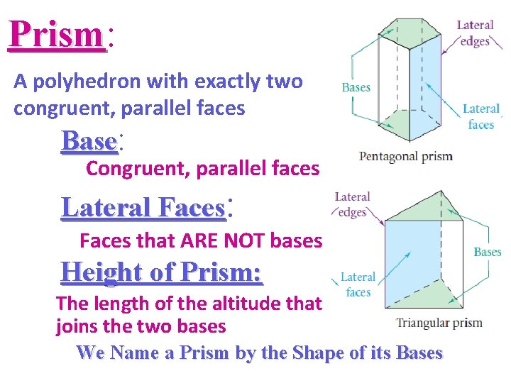 Prism: Prism A polyhedron with exactly two congruent, parallel faces Base: Congruent, parallel faces