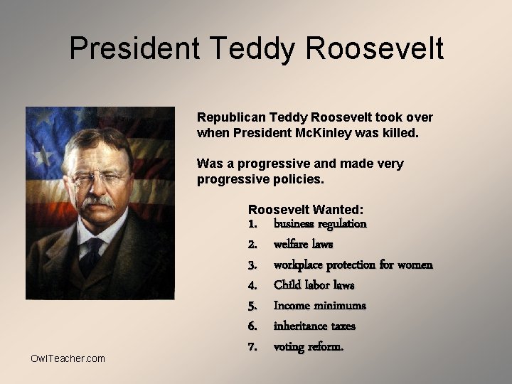 President Teddy Roosevelt Republican Teddy Roosevelt took over when President Mc. Kinley was killed.