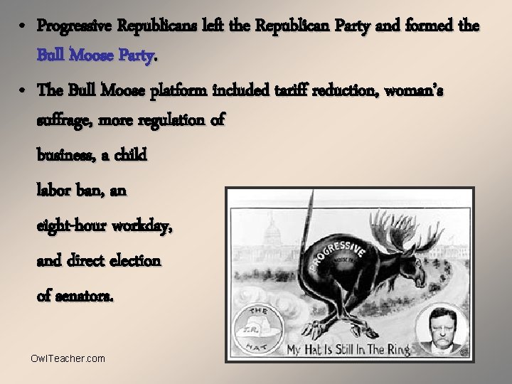  • Progressive Republicans left the Republican Party and formed the Bull Moose Party.