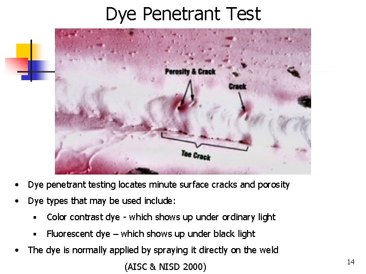 Dye Penetrant Test • Dye penetrant testing locates minute surface cracks and porosity •