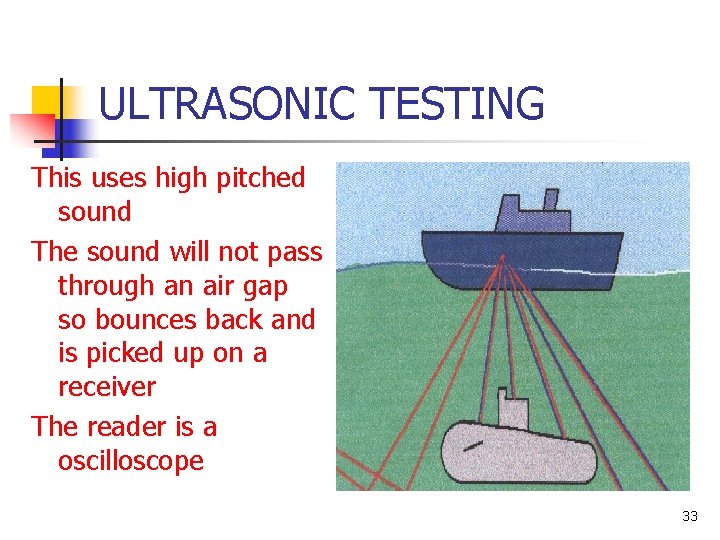 ULTRASONIC TESTING This uses high pitched sound The sound will not pass through an