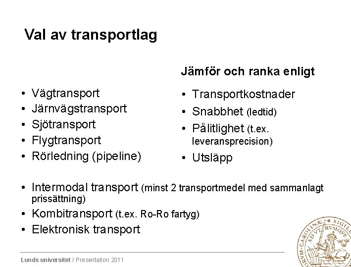Val av transportlag Jämför och ranka enligt • • • Vägtransport Järnvägstransport Sjötransport Flygtransport