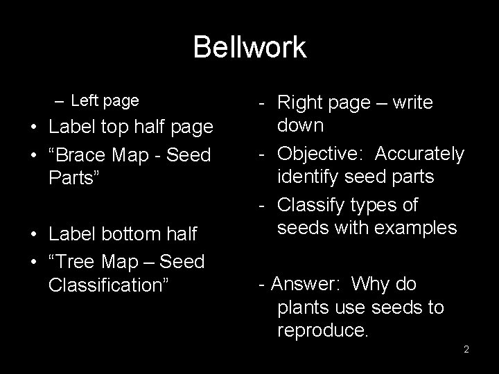 Bellwork – Left page • Label top half page • “Brace Map - Seed