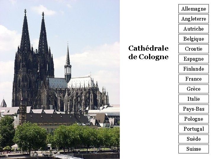 Allemagne Angleterre Autriche Belgique Cathédrale de Cologne Croatie Espagne Finlande France Grèce Italie Pays-Bas