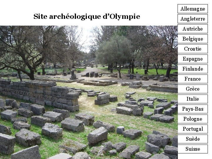 Allemagne Site archéologique d’Olympie Angleterre Autriche Belgique Croatie Espagne Finlande France Grèce Italie Pays-Bas