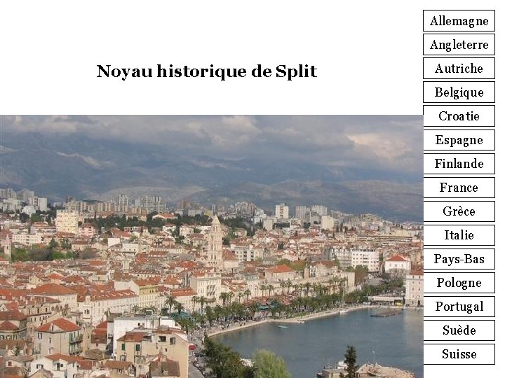 Allemagne Angleterre Noyau historique de Split Autriche Belgique Croatie Espagne Finlande France Grèce Italie