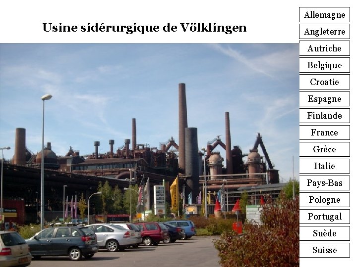 Allemagne Usine sidérurgique de Völklingen Angleterre Autriche Belgique Croatie Espagne Finlande France Grèce Italie