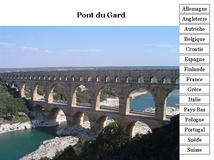 Pont du Gard Allemagne Angleterre Autriche Belgique Croatie Espagne Finlande France Grèce Italie Pays-Bas