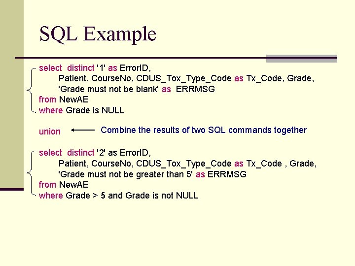 SQL Example select distinct '1' as Error. ID, Patient, Course. No, CDUS_Tox_Type_Code as Tx_Code,
