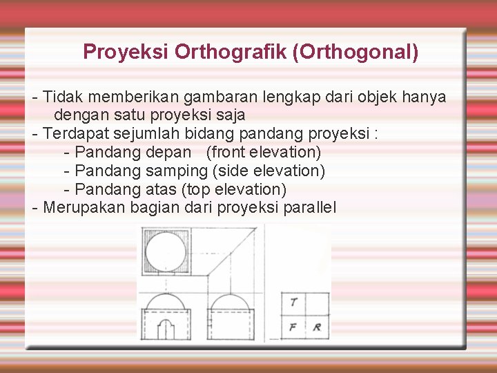 Proyeksi Orthografik (Orthogonal) - Tidak memberikan gambaran lengkap dari objek hanya dengan satu proyeksi