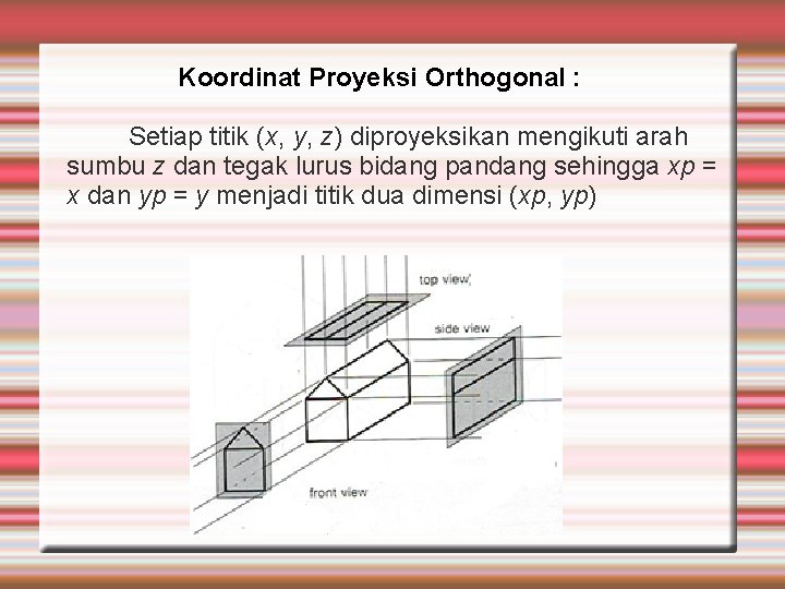 Koordinat Proyeksi Orthogonal : Setiap titik (x, y, z) diproyeksikan mengikuti arah sumbu z