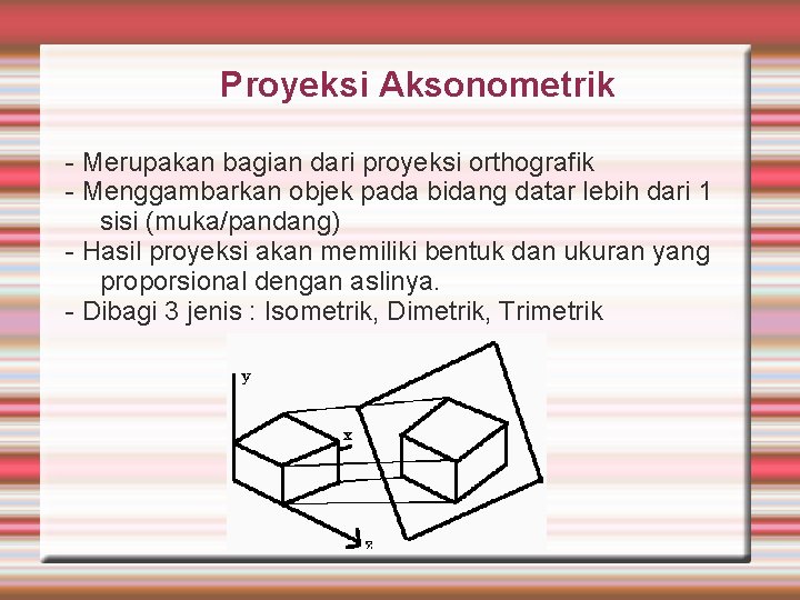 Proyeksi Aksonometrik - Merupakan bagian dari proyeksi orthografik - Menggambarkan objek pada bidang datar