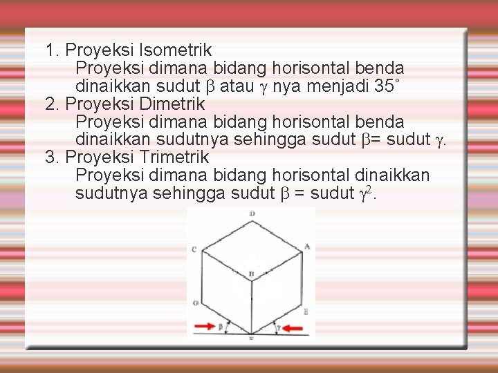 1. Proyeksi Isometrik Proyeksi dimana bidang horisontal benda dinaikkan sudut atau nya menjadi 35˚