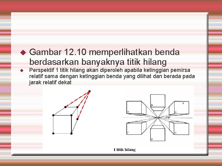  Gambar 12. 10 memperlihatkan benda berdasarkan banyaknya titik hilang Perspektif 1 titik hilang