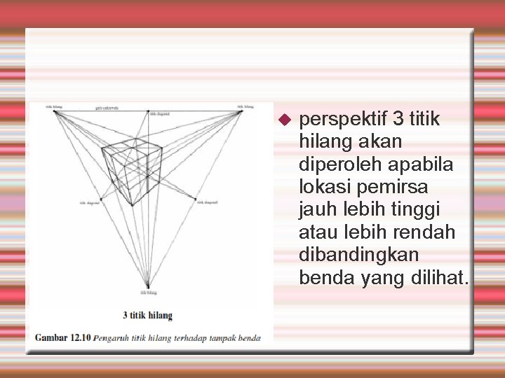  perspektif 3 titik hilang akan diperoleh apabila lokasi pemirsa jauh lebih tinggi atau