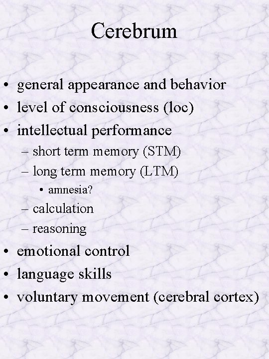Cerebrum • general appearance and behavior • level of consciousness (loc) • intellectual performance