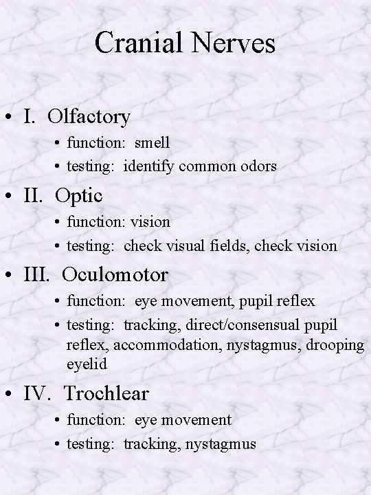 Cranial Nerves • I. Olfactory • function: smell • testing: identify common odors •