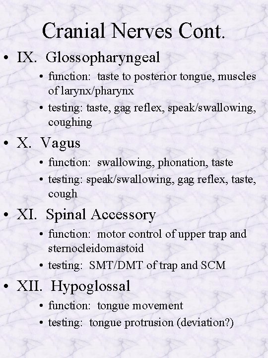 Cranial Nerves Cont. • IX. Glossopharyngeal • function: taste to posterior tongue, muscles of