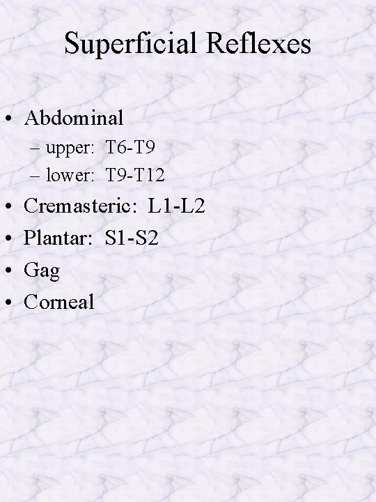 Superficial Reflexes • Abdominal – upper: T 6 -T 9 – lower: T 9