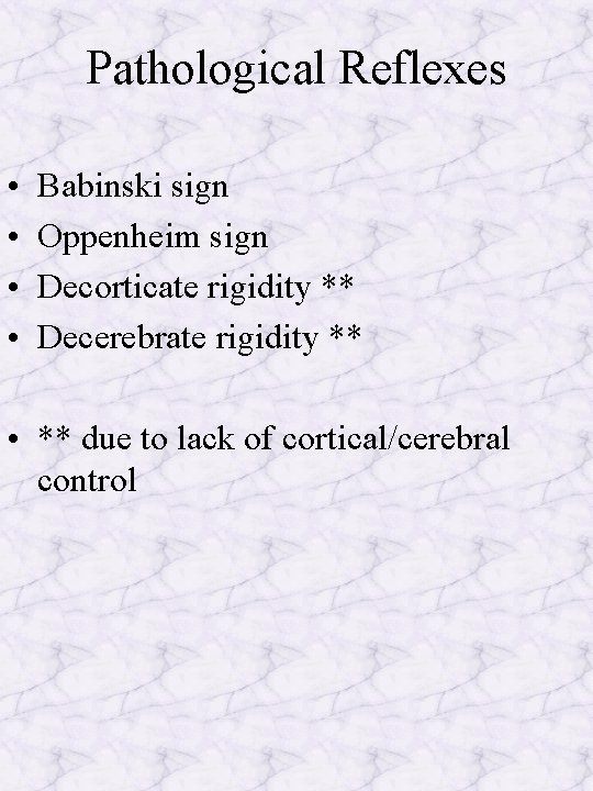 Pathological Reflexes • • Babinski sign Oppenheim sign Decorticate rigidity ** Decerebrate rigidity **