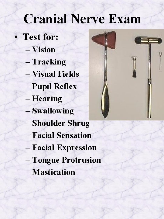 Cranial Nerve Exam • Test for: – Vision – Tracking – Visual Fields –