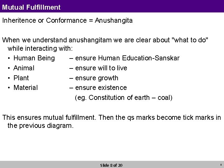 Mutual Fulfillment Inheritence or Conformance = Anushangita When we understand anushangitam we are clear