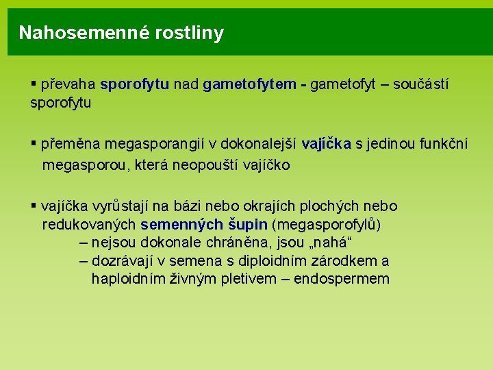 Nahosemenné rostliny § převaha sporofytu nad gametofytem - gametofyt – součástí sporofytu § přeměna