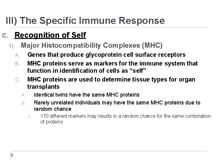 III) The Specific Immune Response Recognition of Self C. Major Histocompatibility Complexes (MHC) 1) III) The Specific Immune Response Recognition of Self C. Major Histocompatibility Complexes (MHC) 1)
