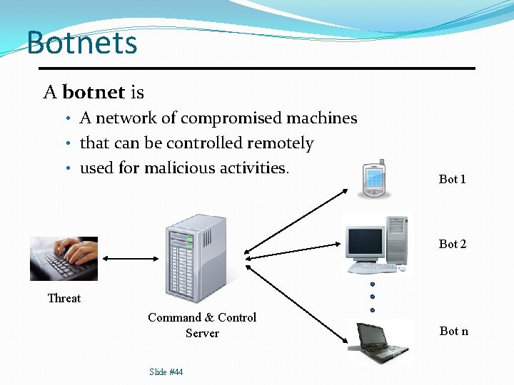 Botnets A botnet is • A network of compromised machines • that can be