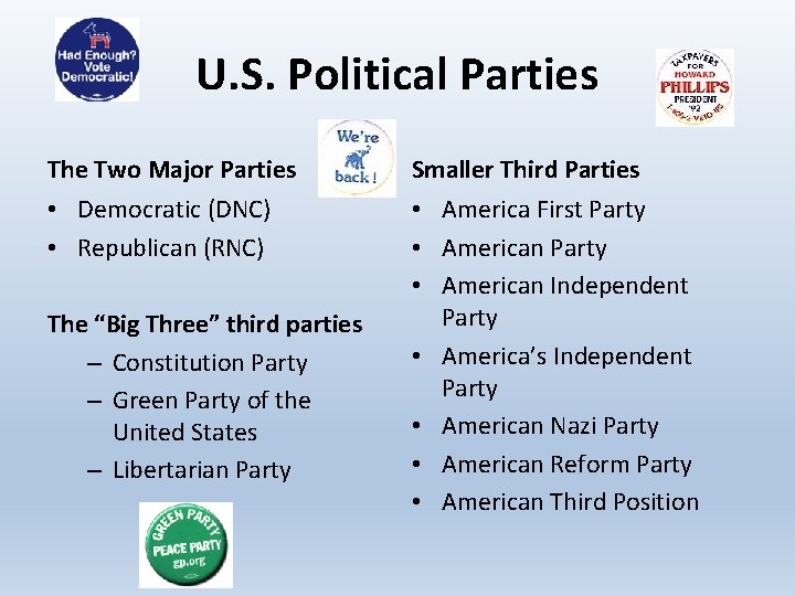U. S. Political Parties The Two Major Parties Smaller Third Parties • Democratic (DNC)