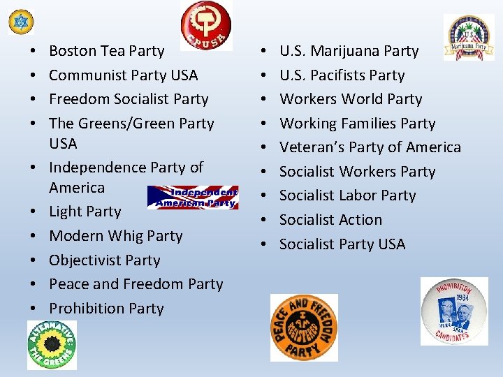  • • • Boston Tea Party Communist Party USA Freedom Socialist Party The