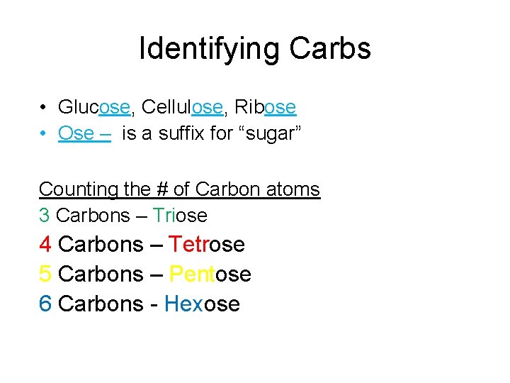 Identifying Carbs • Glucose, Cellulose, Ribose • Ose – is a suffix for “sugar”