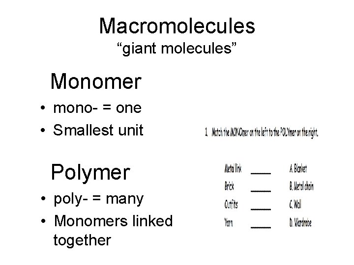 Macromolecules “giant molecules” Monomer • mono- = one • Smallest unit Polymer • poly-