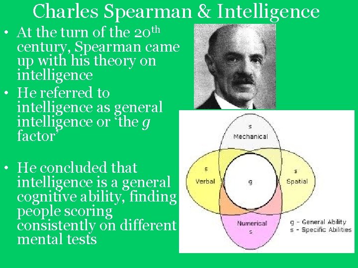 Charles Spearman & Intelligence • At the turn of the 20 th century, Spearman Charles Spearman & Intelligence • At the turn of the 20 th century, Spearman