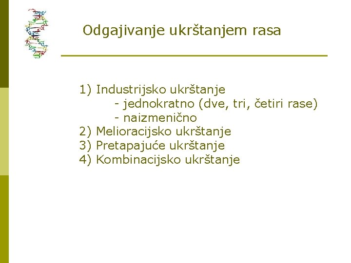 Odgajivanje ukrštanjem rasa 1) Industrijsko ukrštanje - jednokratno (dve, tri, četiri rase) - naizmenično