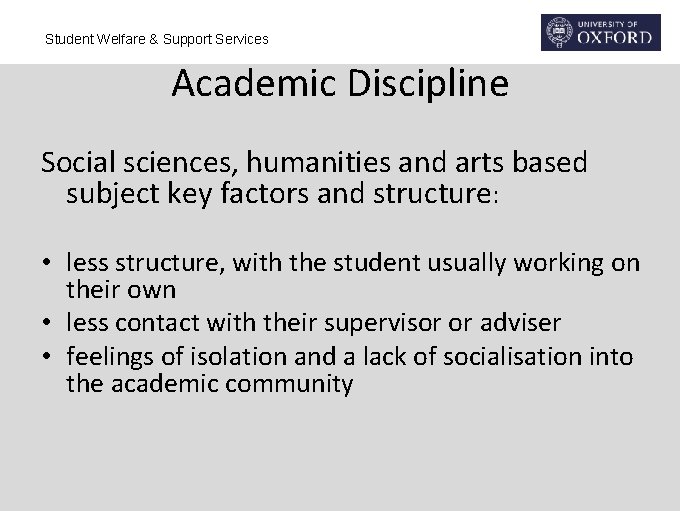 Student Welfare & Support Services Academic Discipline Social sciences, humanities and arts based subject