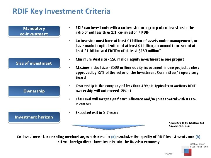 RDIF Key Investment Criteria Mandatory co-investment Size of investment • RDIF can invest only