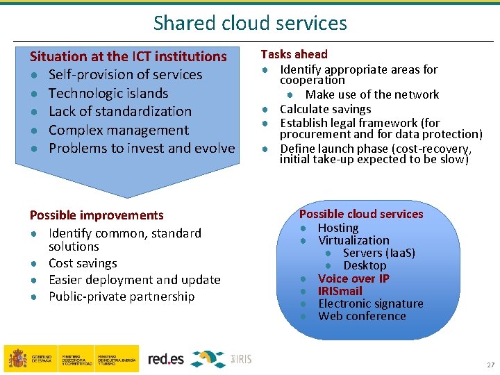 Shared cloud services Situation at the ICT institutions ● Self-provision of services ● Technologic