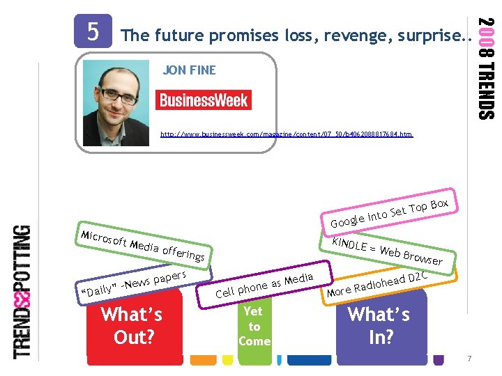 The future promises loss, revenge, surprise. . JON FINE http: //www. businessweek. com/magazine/content/07_50/b 4062088817684.