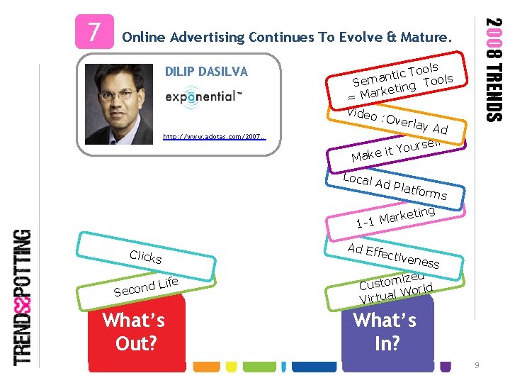 2008 TRENDS 7 Online Advertising Continues To Evolve & Mature. DILIP DASILVA http: //www.