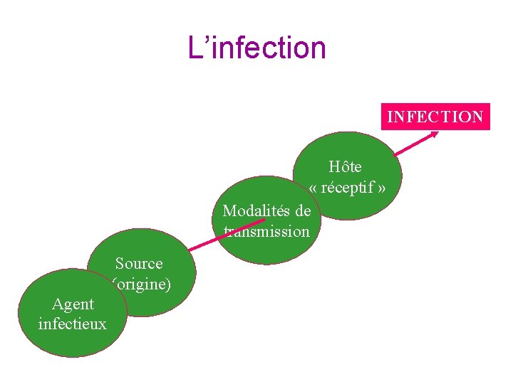 L’infection INFECTION Hôte « réceptif » Modalités de transmission Source (origine) Agent infectieux 