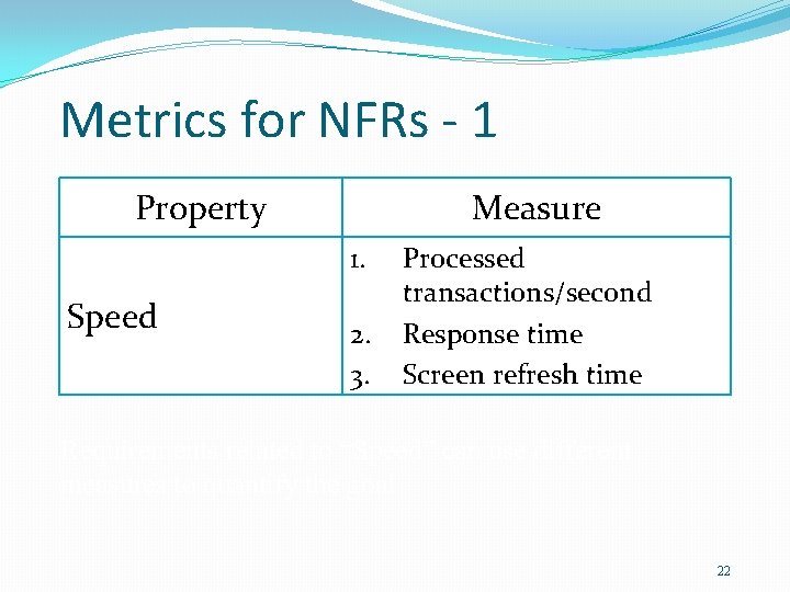 Metrics for NFRs - 1 Property Measure 1. Speed 2. 3. Processed transactions/second Response