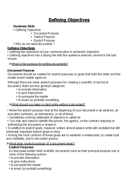 Defining Objectives Summary Slide • Defining Objectives • Document Purpose • Implicit Purpose •