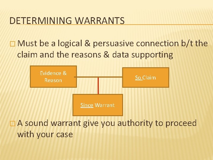 DETERMINING WARRANTS � Must be a logical & persuasive connection b/t the claim and