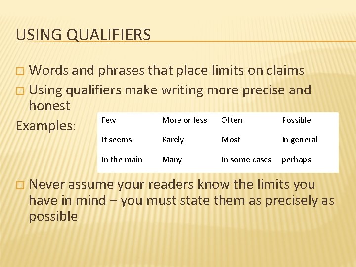 USING QUALIFIERS � Words and phrases that place limits on claims � Using qualifiers