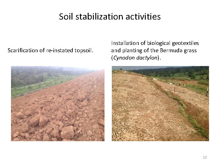 Soil stabilization activities Scarification of re-instated topsoil. Installation of biological geotextiles and planting of