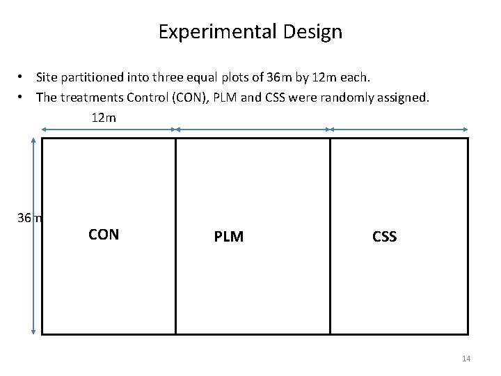 Experimental Design • Site partitioned into three equal plots of 36 m by 12