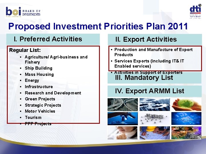 Proposed Investment Priorities Plan 2011 I. Preferred Activities Regular List: § Agriculture/ Agri-business and